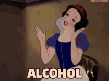 a cartoon of snow white with the word alcohol written below her