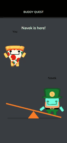 a pizza and leprechaun are on a seesaw with the words buddy quest above them