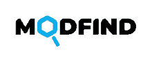 a logo for modfind with a magnifying glass on it