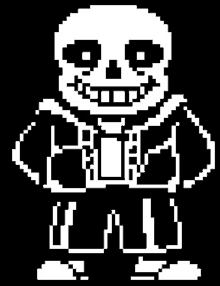 a pixel art drawing of a skeleton with a smile on his face .