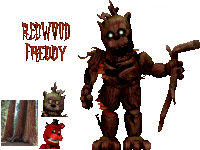 a redwood freddy with a cane and a picture of a redwood tree