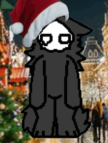 a pixel art of a person wearing a santa hat with a christmas tree in the background