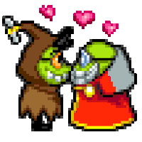 a pixel art of a witch and a goblin kissing with hearts above them