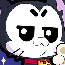 a black and white cartoon cat with an angry face is holding a cat 's paw .