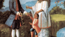 a painting of a man and a priest standing next to a little boy