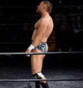 a shirtless wrestler stands in a wrestling ring with a crowd behind him