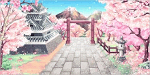 a pixel art of a castle surrounded by cherry blossom trees and a bridge .