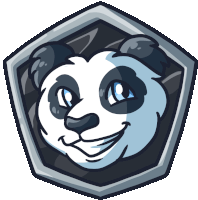 a panda bear is smiling in a shield with a white background