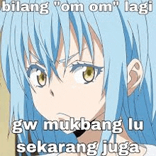 a close up of a blue haired anime girl with a meme .