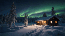 a log cabin in the middle of a snowy forest with the aurora borealis behind it