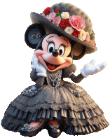 minnie mouse wearing a black dress and hat with roses on it