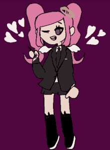 a drawing of a girl with pink hair in a suit