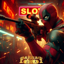 deadpool is holding a rifle in front of a slot sign