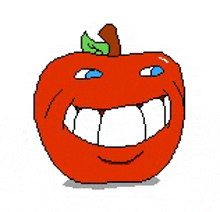 a pixel art drawing of an apple with a big smile on it .