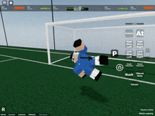 a screenshot of a video game shows a soccer goalie in blue