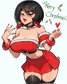 a drawing of a woman wearing a santa outfit with the words merry christmas written below her