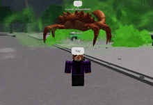 a person in a purple plaid shirt is standing in front of a crab that says yay