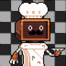 a pixel art drawing of a chef holding a tray