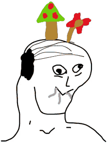 a drawing of a man with a mushroom on his head