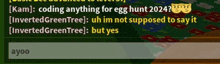 a screenshot of a video game that says coding anything for egg hunt