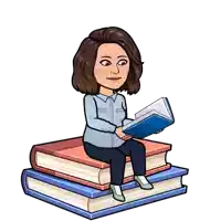 a cartoon of a woman sitting on a pile of books reading a book