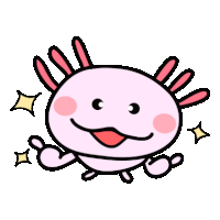 a cartoon illustration of a pink axolotl giving a peace sign .