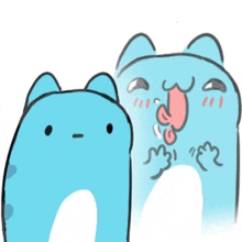 a cartoon of a blue cat with its tongue out