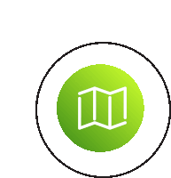 a green circle with a white outline of a book on it