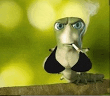 a cartoon caterpillar is smoking a cigarette and wearing a bikini .