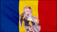 a girl with pink hair is standing in front of a romania flag