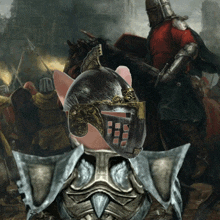 a close up of a knight 's helmet with a picture of a battle in the background