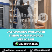 a man is standing on a ladder in a room with the words wallpaper malang id on the bottom