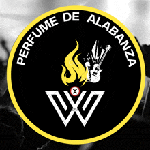 a logo for perfume de alabanza shows a guitar and a flame