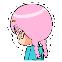 a cartoon drawing of a girl with pink hair covering her face