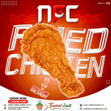 an advertisement for nfc fried chicken with a picture of a fried chicken leg