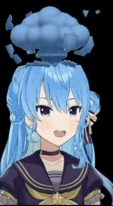 a girl with blue hair is wearing a choker and a bomb on her head .