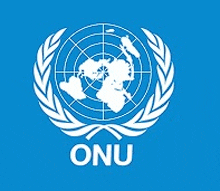 a blue background with a white logo for the united nations on it .