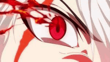 a close up of a person 's eye with blood coming out of it and a red eye .