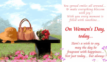 a greeting card for women 's day with a purse and flowers