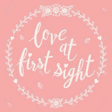 a pink background with the words `` love at first sight '' in a circle with flowers and hearts .