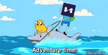 a cartoon character riding on the back of a dolphin with the words adventure time below him