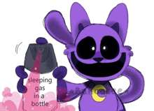 a drawing of a purple cat holding a sleeping gas bottle