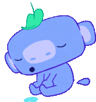 a blue cartoon character with a green leaf on his head