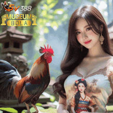 a woman is standing next to a rooster with a museum bola logo on the bottom