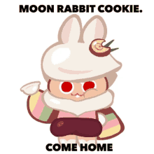 a moon rabbit cookie with red eyes and a bunny hat