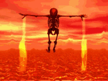 a skeleton is flying through the air in front of a red sky and lava