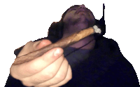 a man with his eyes closed is holding a large cigar in his hand