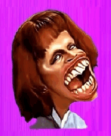 a cartoon of a woman with a very large mouth and teeth on a purple background .