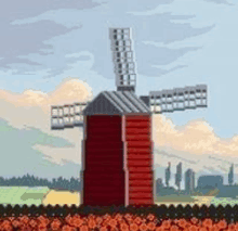 a pixel art of a windmill in a field of flowers .