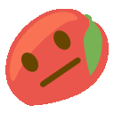 a tomato with a face and a green leaf on it is making a funny face .